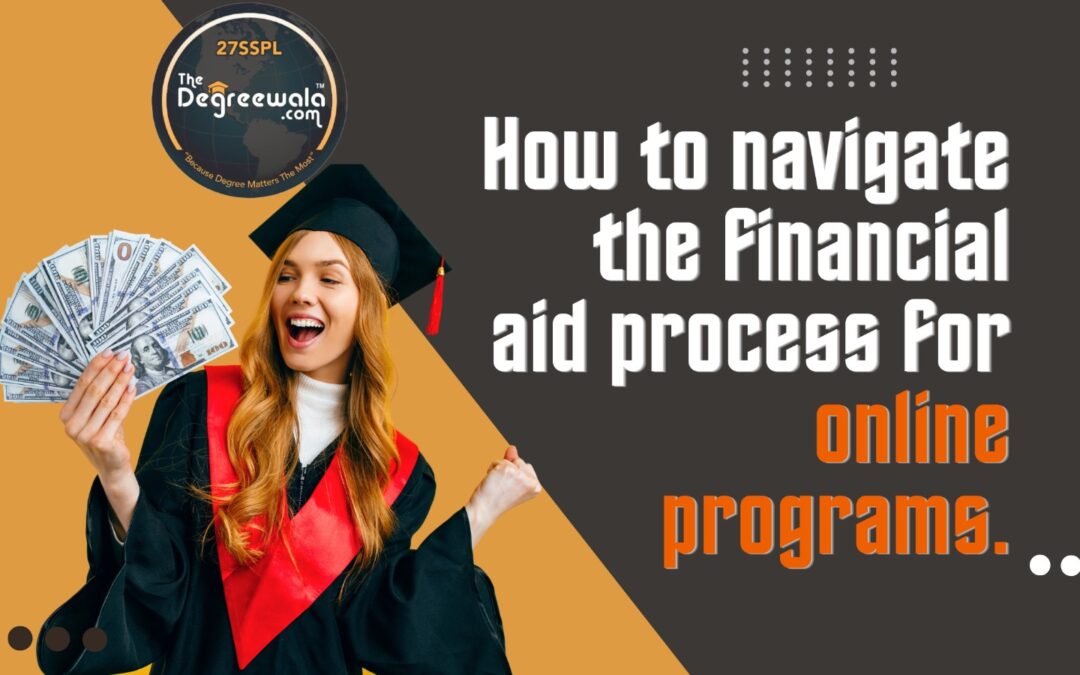 A young graduate wearing a black graduation robe and cap, holding a stack of cash in her hands, potentially to finance her education. The blog topic 'Navigating Financial Aid for Online Programs in India' is displayed in bold letters in the background.